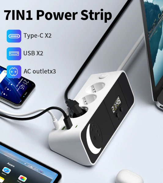 EU desktop Corner Power Strip 2 Meter Extension Cord Power Socket, a Model with a Small Night Light and Clock, 2 USB + 2 Type C